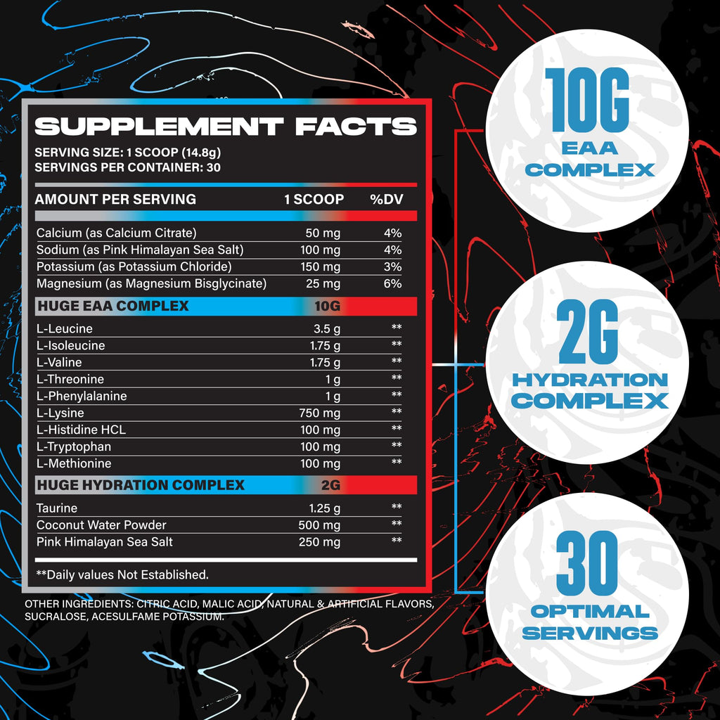 Huge EAA + Hydration, Essential Amino Acids Powder, EAAs & BCAAs, Intra & Post Workout Recovery Powder, Muscle Growth, Recovery & Performance, 10g EAAs & Electrolytes, Kiwi Blueberry, 30 Servings