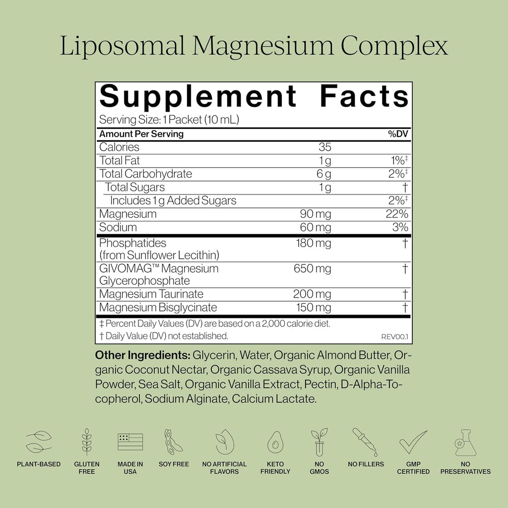 CYMBIOTIKA Liposomal Magnesium Complex for Sleep, Calm, Relax & Recovery | 3 forms: taurate, bisglycinate & glycerophosphate. Highly absorbable, stomach-friendly. Vanilla Almond, 28 pouches. Vegan.