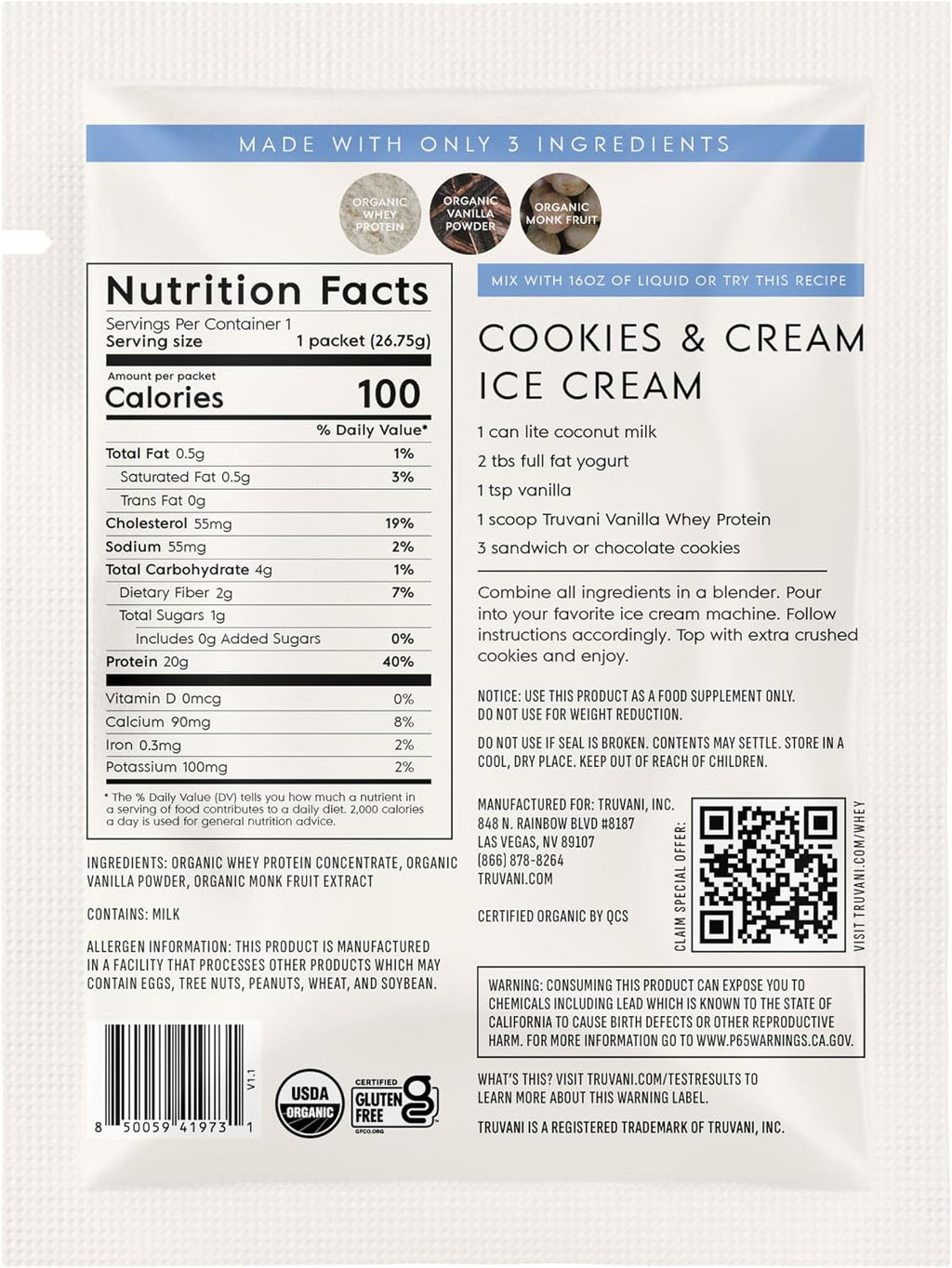 Truvani Organic Whey Protein Powder | Vanilla | 1 Serving | 20g Grass Fed Whey Protein | USDA Organic & Non-GMO | Gluten Free | No Gums, No Soy, No Stevia, No Added Sugars