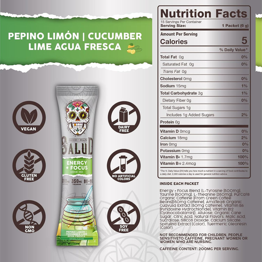 Salud 2-Pack |2-in-1 Energy + Focus (Hibiscus) & Energy + Focus (Cucumber Lime) – 15 Servings Each, Agua Fresca Drink Mix, Non-GMO, Gluten Free, Vegan, Low Calorie, 1g of Sugar