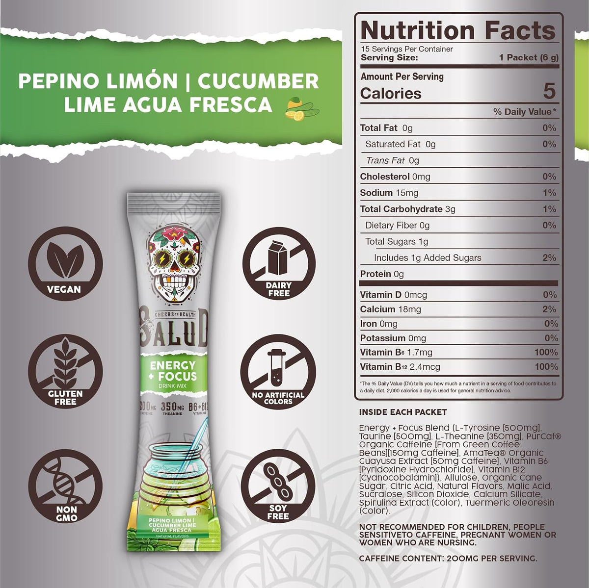 Salud 2-Pack |2-in-1 Energy + Focus (Hibiscus) & Energy + Focus (Cucumber Lime) – 15 Servings Each, Agua Fresca Drink Mix, Non-GMO, Gluten Free, Vegan, Low Calorie, 1g of Sugar
