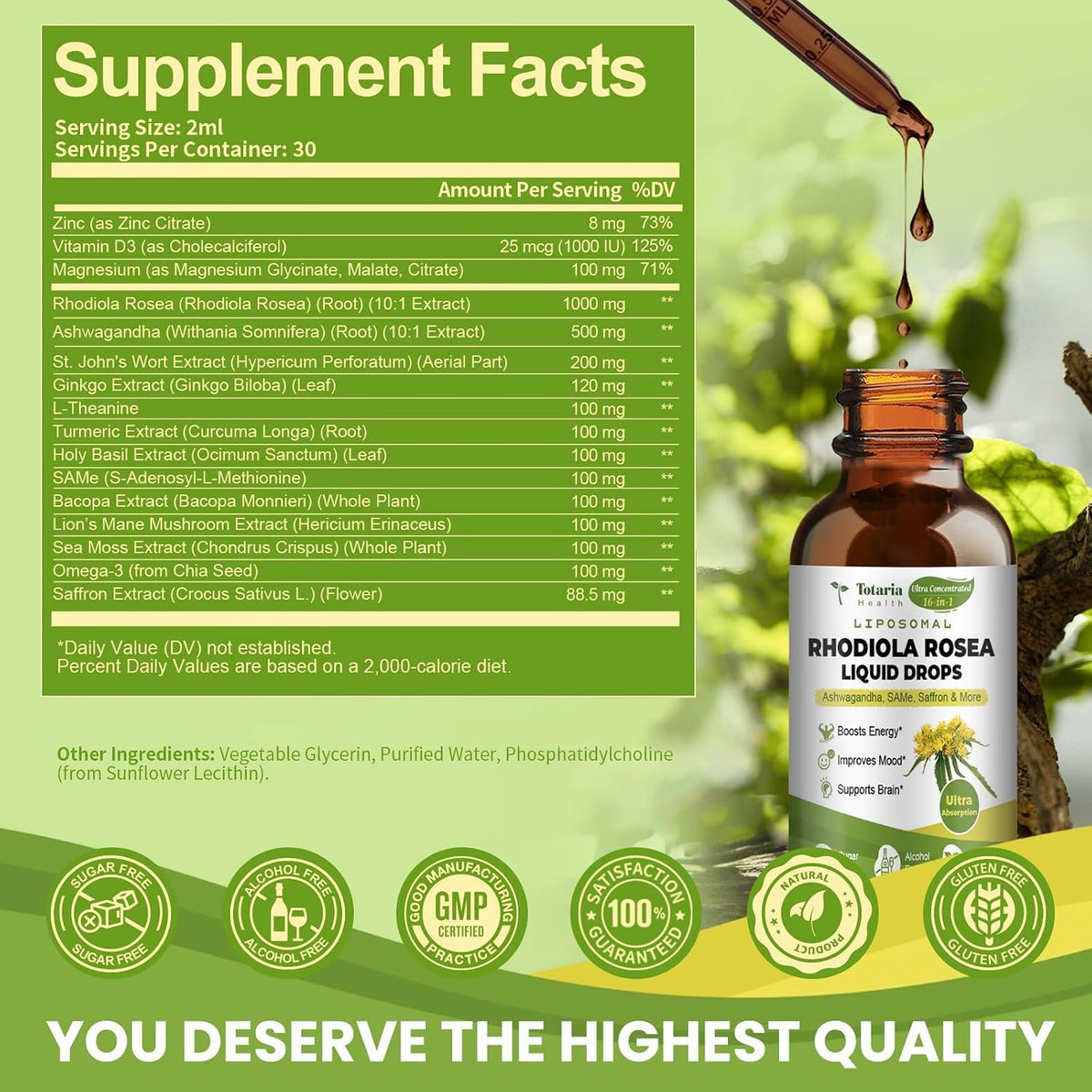 Totaria 16-in-1 Liposomal Rhodiola Rosea Supplement Tincture 1000mg, Ultra Strength Rhodiola 10:1 Root Extract w/Ashwagandha, Rhodiola Liquid Drops for Natural Relaxation, Mood, Energy, Alcohol-Free