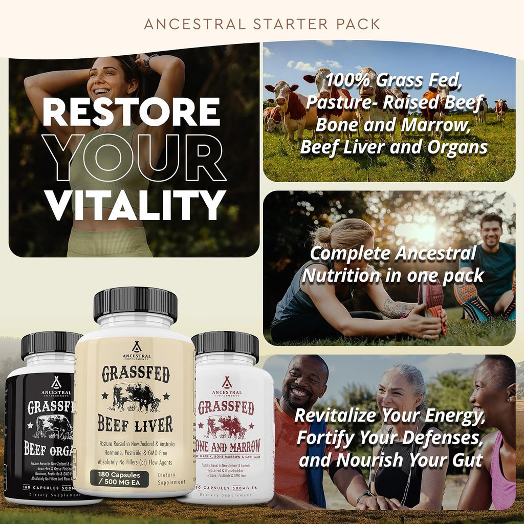 Ancestral Supplements Starter Pack, Grass Fed Beef Liver, Organ, Bone and Marrow Capsules, Non-GMO