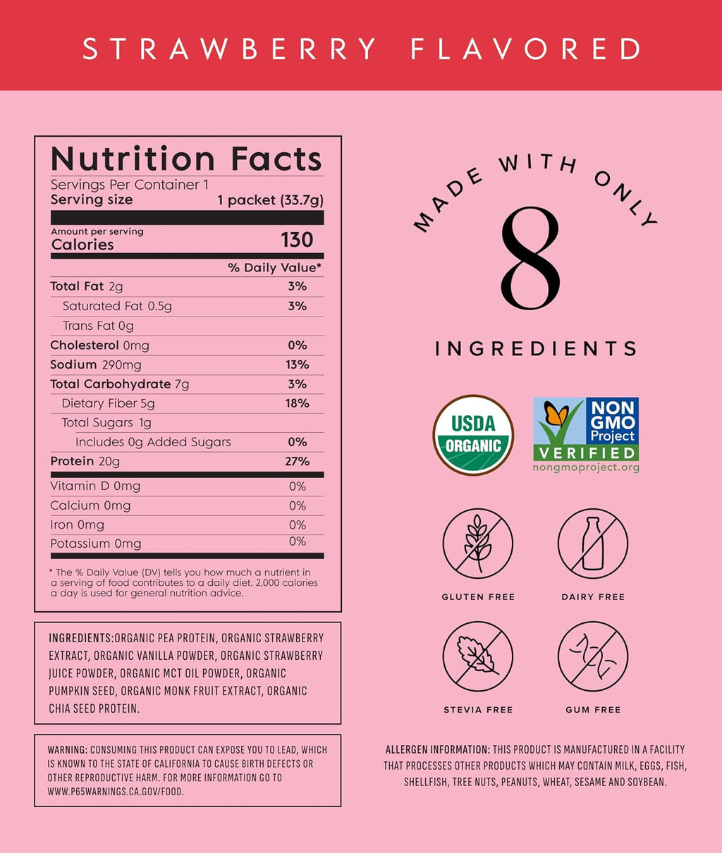 Truvani Organic Plant Based Protein Powder | Strawberry | 10 Servings | Vegan | 20g Pea Protein | Single Serving Travel Packets | Keto | Gluten & Dairy Free | Low Carb