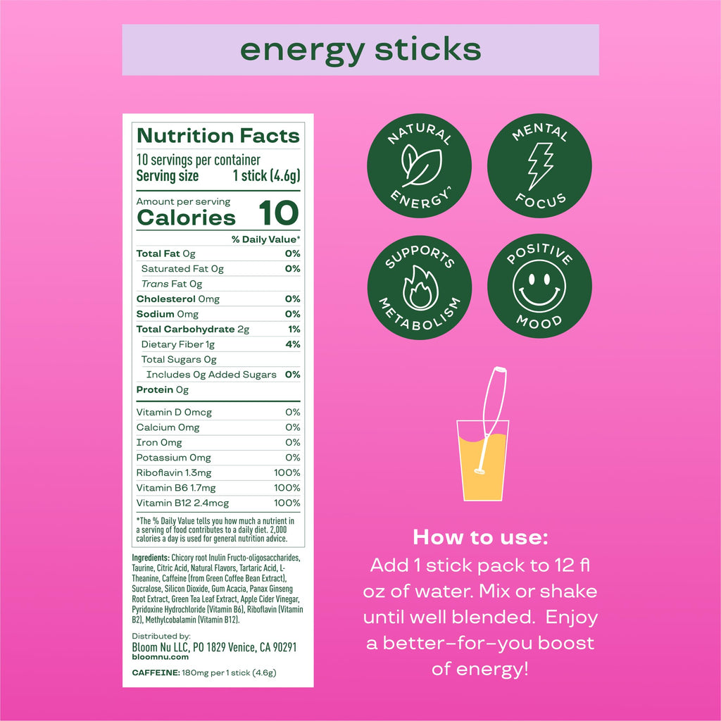 Bloom Nutrition Energy Drink Powder Packets, Strawberry Watermelon, 10 Ct | Sugar Free Drink Mix with L-Theanine, B Vitamins & Natural Caffeine, On the Go Powder Sticks for Natural Energy, 10 Calories