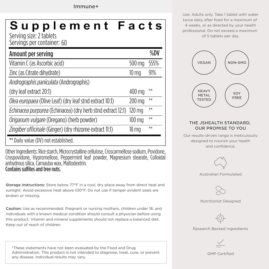 JSHealth Vitamins Immune + Immunity Booster Supplement, 60 Tablets | Made with with Zinc Vitamin C Echinacea and Olive Leaf Antioxidants