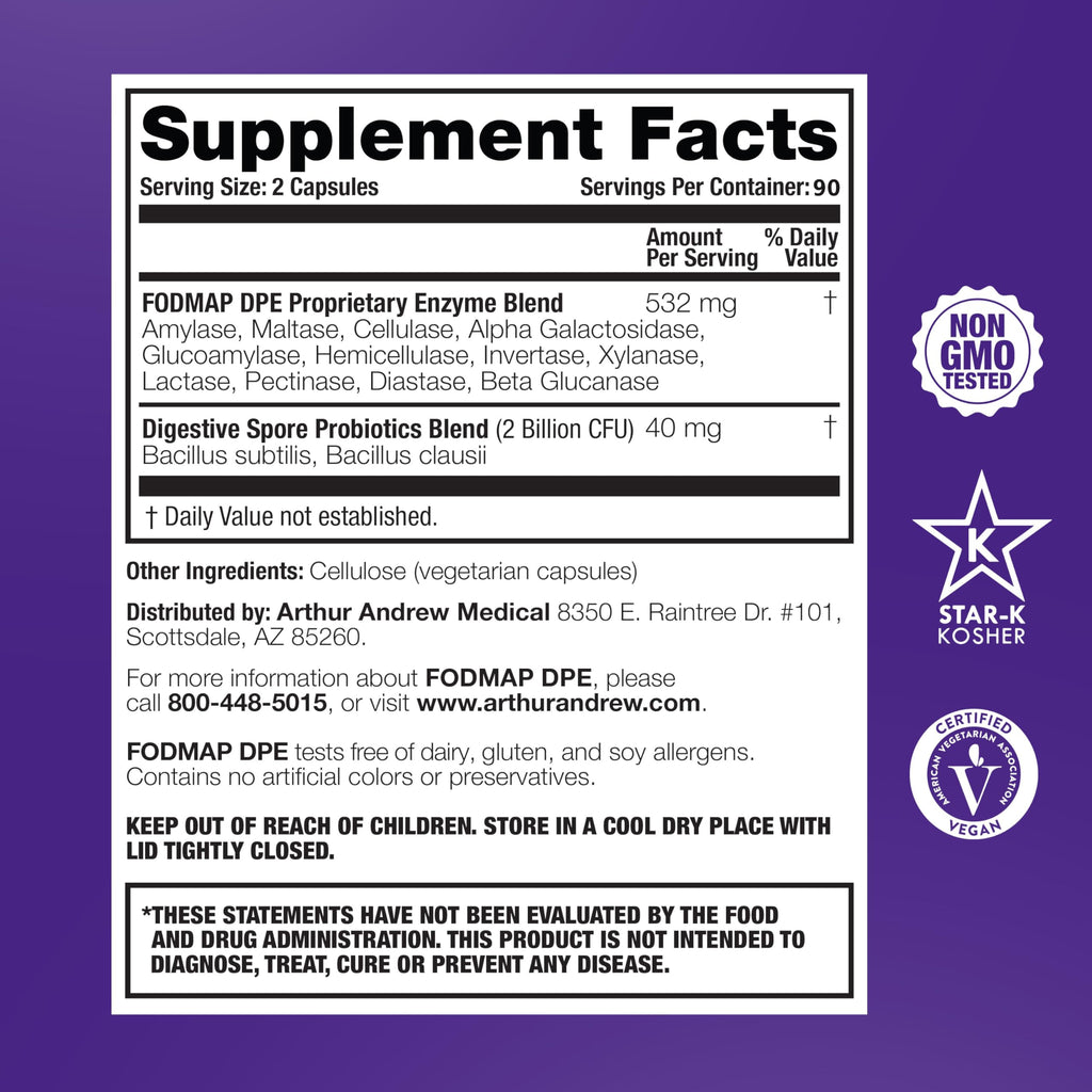 Arthur Andrew Medical, FODMAP DPE, Digestive Enzymes, 60 Capsules | Digestive Enzymes, & Probiotics For FODMAP Intolerance & The Digestion Of Fermentable Foods. Vegan, Non-GMO