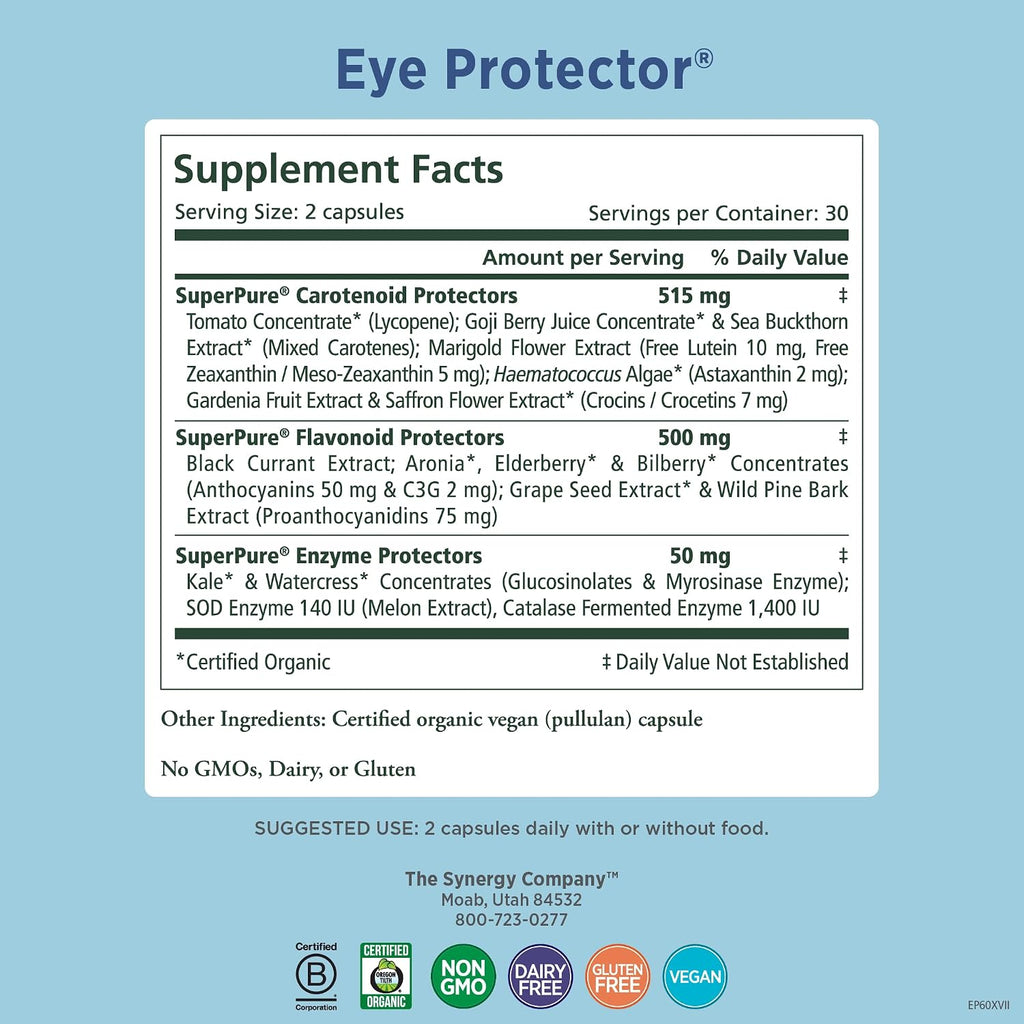 PURE SYNERGY Eye Protector | 100% Natural, Vegan Eye Health Supplement | with Organic Astaxanthin, Lutein, & Zeaxanthin | for Healthy Vision (60 Capsules)