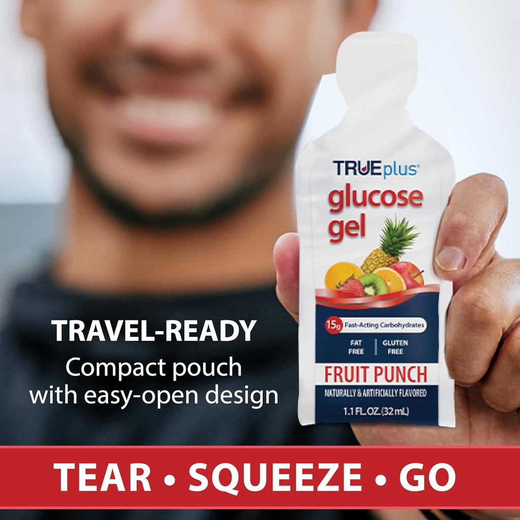 TRUEplus Glucose Gel Pouch, 15g Carbohydrates, Fruit Punch Flavor, 6 Pack | 15g Fast-Acting Carbohydrates Per Serving, Fat Free, Gluten Free, Boosts Energy, Great Tasting and Easy to Use