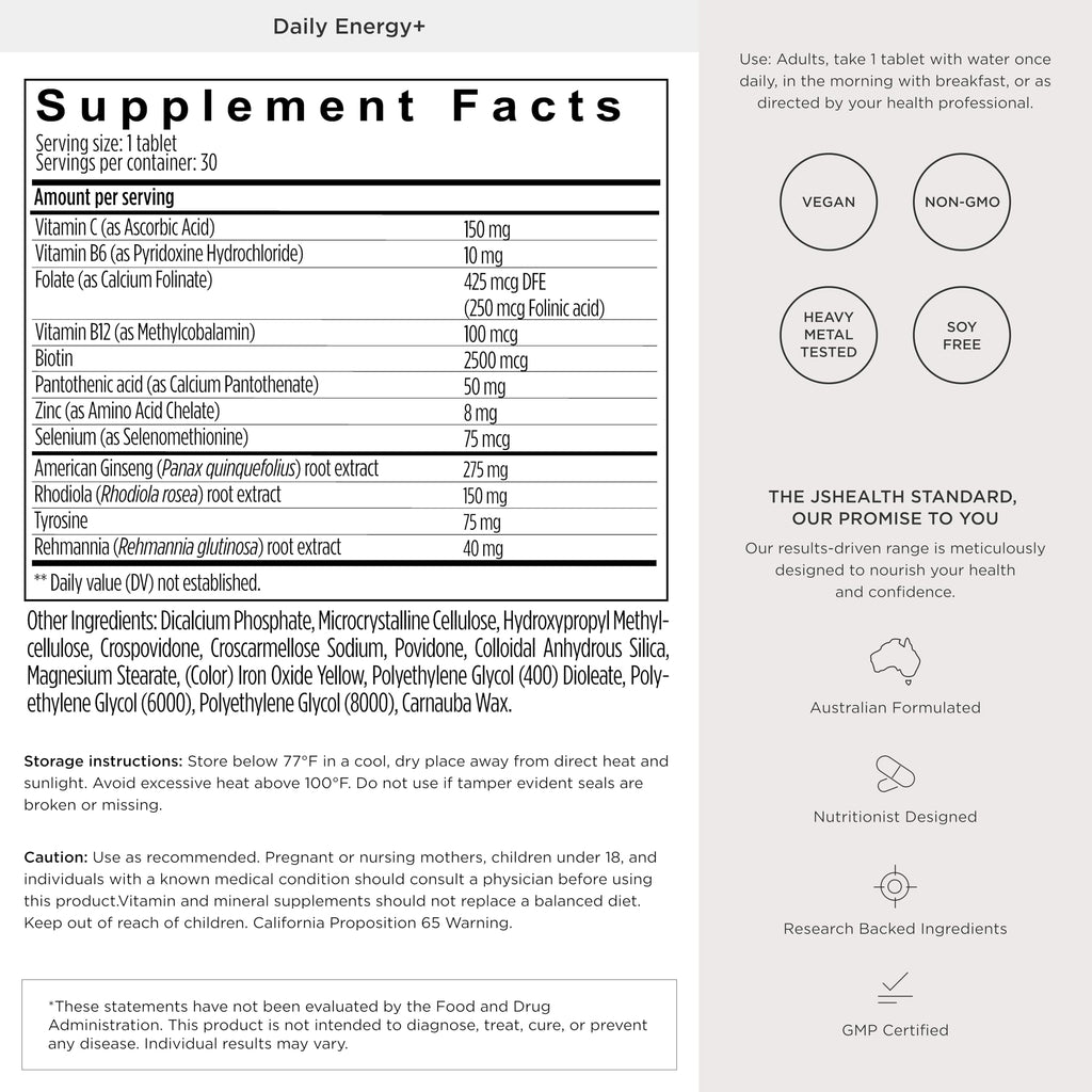 JSHealth Daily Energy Supplement for Women, Vegan, 60 Tablets | Once Daily Energy Vitamins with American Ginseng, Rhodiola, B Vitamins, Vitamin C, Zinc. Supports Stamina and Stress.