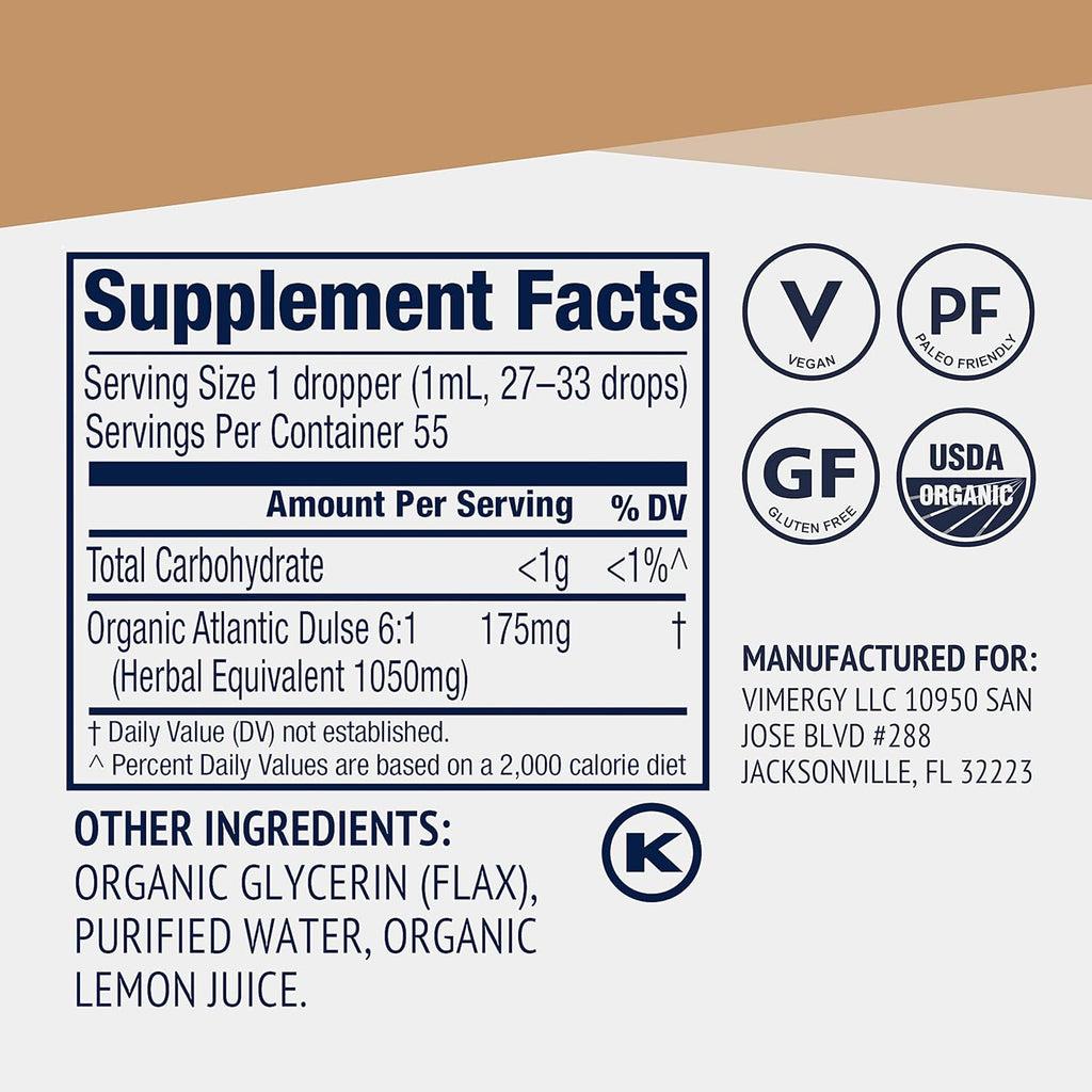 Vimergy USDA Organic Atlantic Dulse Liquid – Antioxidant Support* – Promotes Free Radical Protection* – Vegan, Gluten-Free – 55 Servings (55 mL)