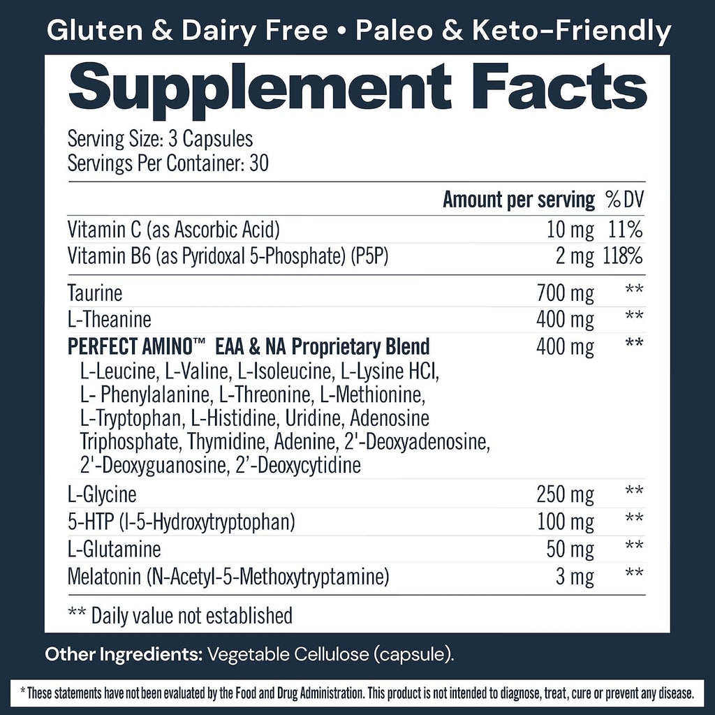 BodyHealth Sleep, Sleep Aid and Supplement for Adults with 3 mg Melatonin, Non-Habit Forming Pills Enhanced with PerfectAmino - 90 Capsules