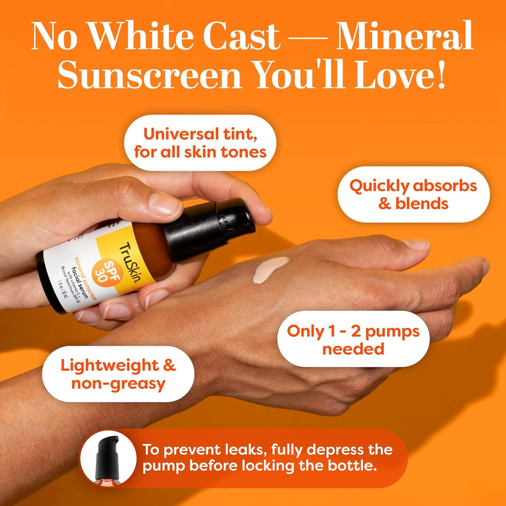 TruSkin SPF 30 Tinted Mineral Sunscreen Face Serum, Zinc Oxide, 1 fl oz | Universal skin tint with Vitamin C, Hyaluronic Acid, Ceramides and Niacinamide for lightweight daily mineral UV protection