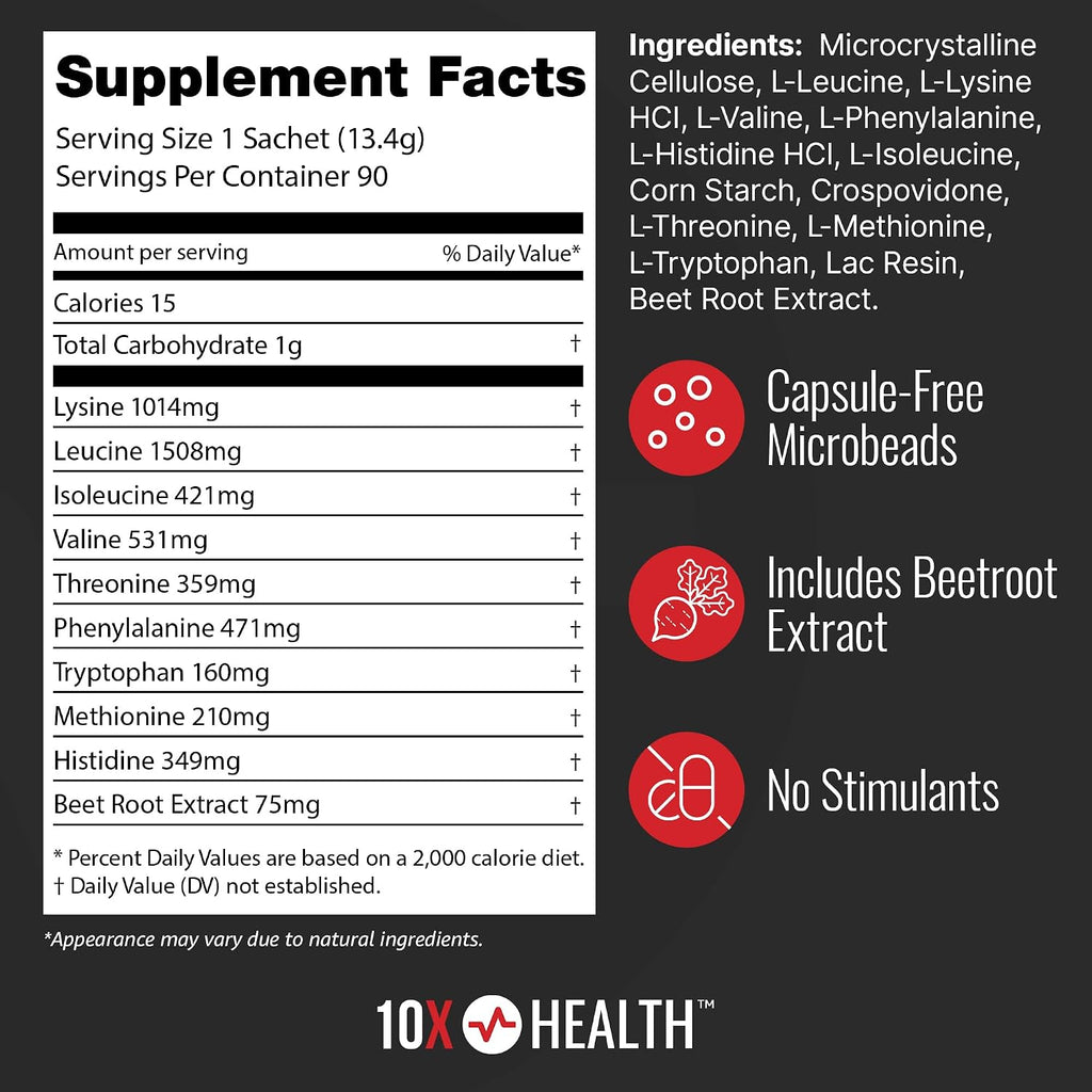 10X Health Amino Acids Supplement - 90 Sachets | Eaa Supplement: Time-Release Microbead Technology, 7-Hour Delivery, 90 Sachets