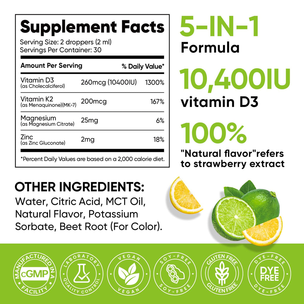 5-in-1 Vitamin D3 K2 Drops, Vitamin D3 10400 IU & K2(MK-7) 200mcg | With Magnesium, MCT Oil, Zinc, Maximum Absorption Vitamin D Liquid for Bone, Mood & Immune - Sugar Free | 2 FL OZ | 60 Days