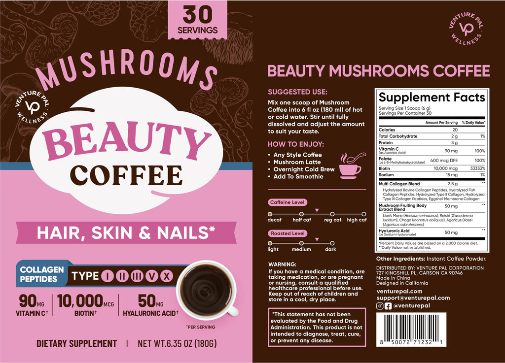Venture Pal Mushroom Coffee, 12 Mushrooms, Focus & Digestion, 40 Servings | 12 Adaptogenic Mushrooms with Lion's Mane, Cordyceps, Reishi, Turkey Tail, Ashwagandha & Probiotics, Low Caffeine & Calories