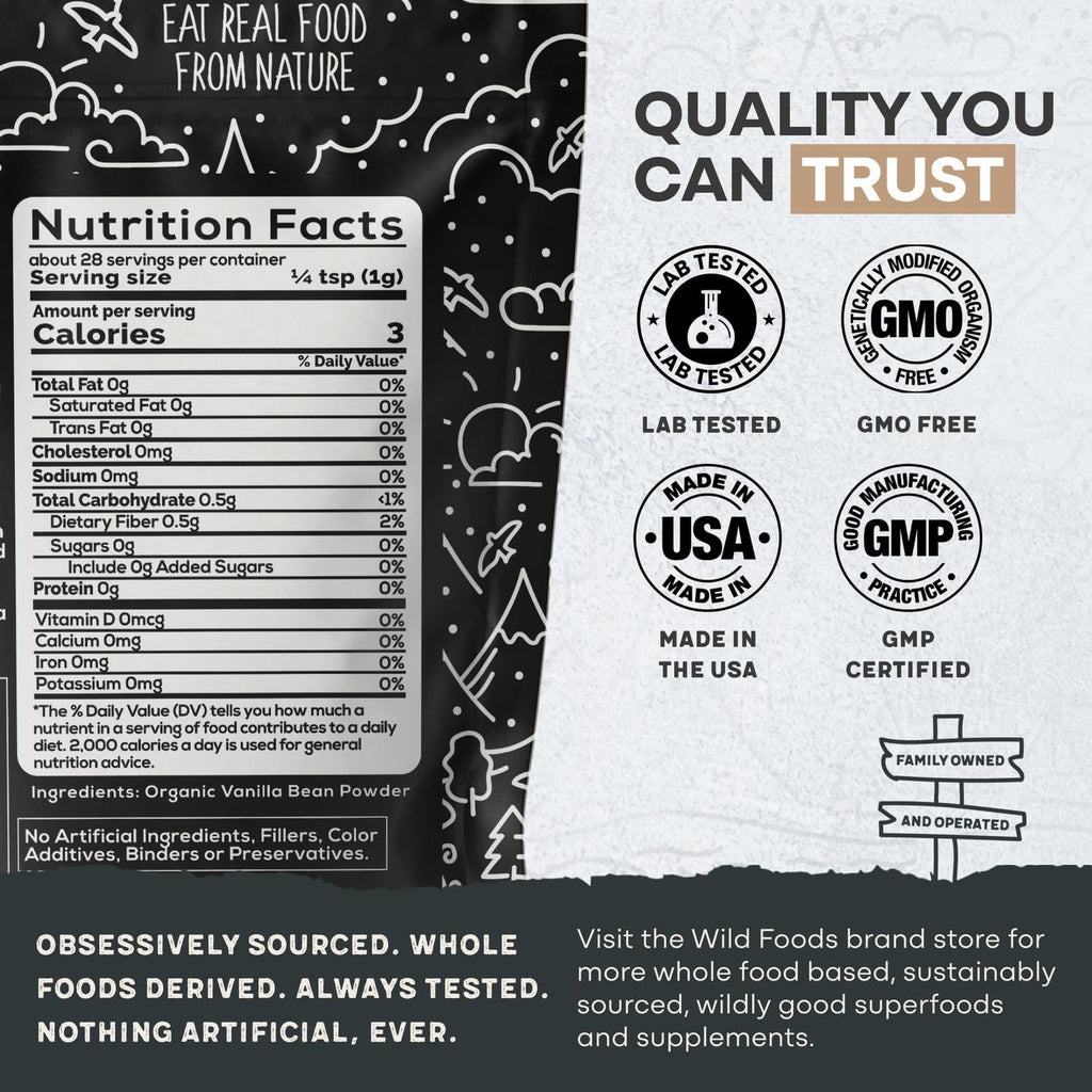 Wild Foods Organic Vanilla Bean Powder - All Natural Pure Vanilla from Madagascar - For Baking Cooking Coffee Flavoring & Smoothies - Unsweetened Gluten Free Non GMO Superfood (1 ounce)