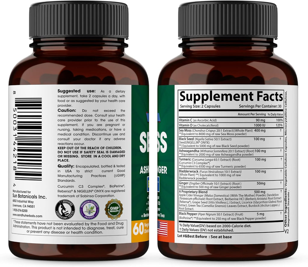 Sandhu Herbals Seamoss & Turmeric Curcumin with Bioperine Capsules | Supports Immune, Digestive, Cognitive, Skin & Hair Health