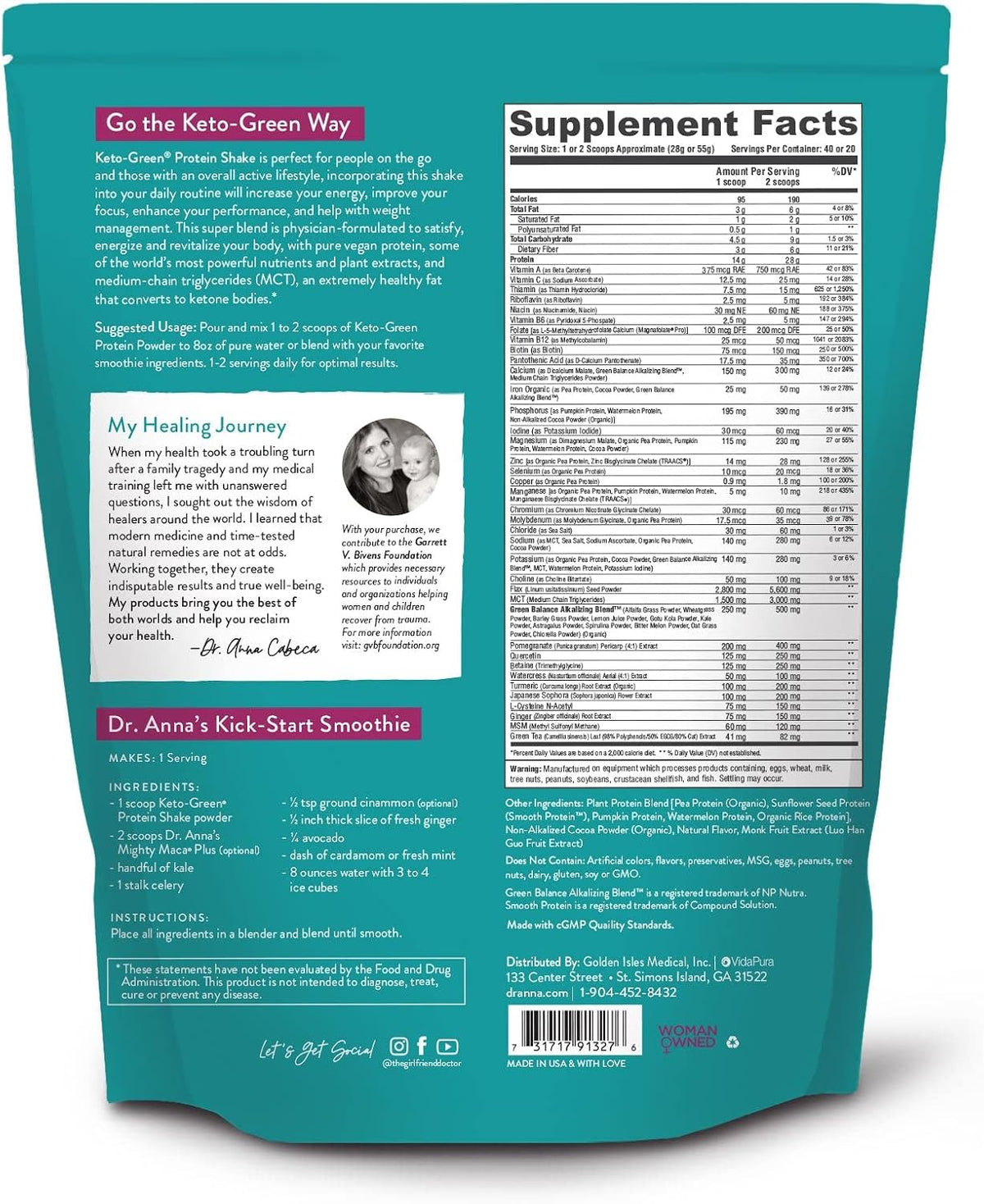 Keto-Green Chocolate Vegan Protein Powder for Women by Dr. Anna Cabeca | Plant Based Protein Powder with Greens | Dairy Free, Sugar Free | Protein Shake 40 Servings
