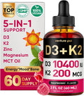 5-in-1 Vitamin D3 K2 Drops, Vitamin D3 10400 IU & K2(MK-7) 200mcg | With Magnesium, MCT Oil, Zinc, Maximum Absorption Vitamin D Liquid for Bone, Mood & Immune - Sugar Free | 2 FL OZ | 60 Days