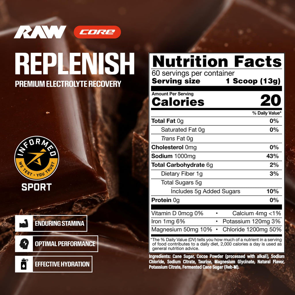 RAW Replenish, Premium Electrolytes Powder Recovery Formula, Lemon Lime (60 Servings) - Flavored Electrolyte Drink Mix Supplement for Hydration, Replenishment, Endurance & Performance Workouts