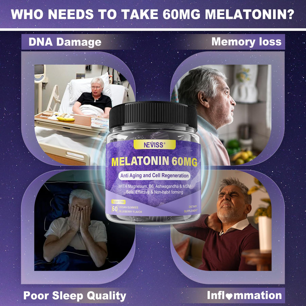 Antioxidant & Brain Support Melatonin 60mg 30mg for 50+ Adults | High Dose Melatonin for Anti-Aging & Immune | Extra Strength Melatonin Gummies with B6, Ashwagandha, Magnesium, MSM - 60 Gummies - PrimeBioHealth - canada supplements
