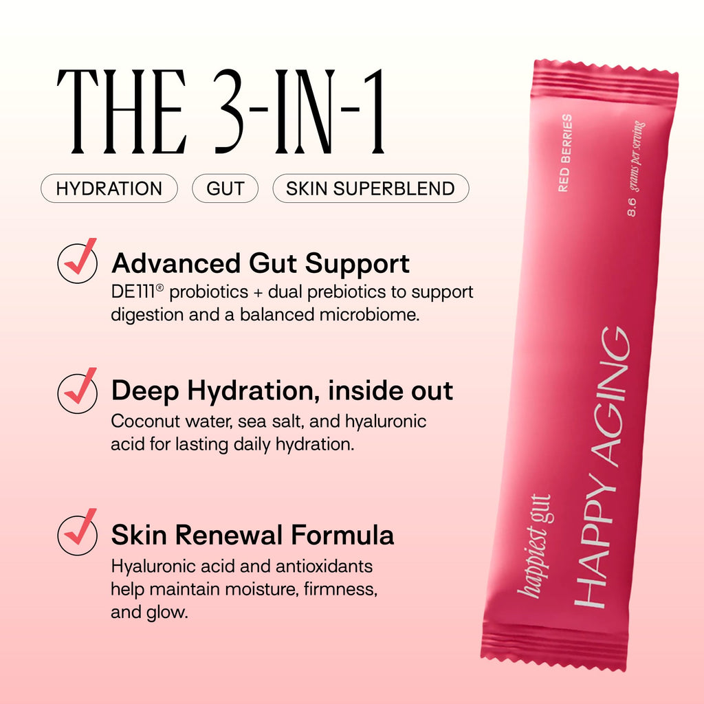 Happy Aging Electrolytes Powder Packets for Women - Sugar Free Hydration & Gut Health with Hyaluronic Acid & Bacillus Subtilis DE111 Probiotics - Dual Prebiotic System for Skin Beauty - PrimeBioHealth - canada supplements