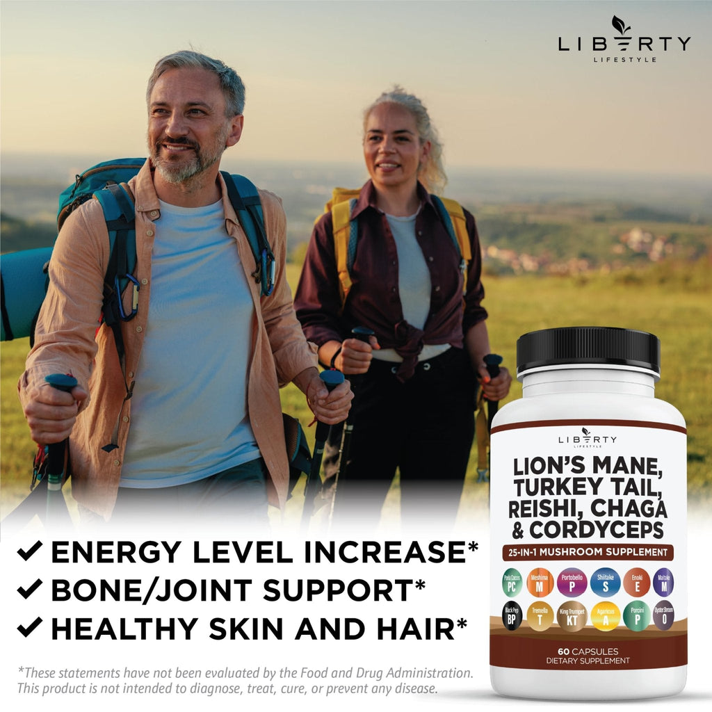 Liberty Lifestyle Lions Mane Mushroom Supplement with Turkey Tail Reishi Cordyceps Chaga with Marshmallow Root - 2-Pack - PrimeBioHealth - canada supplements