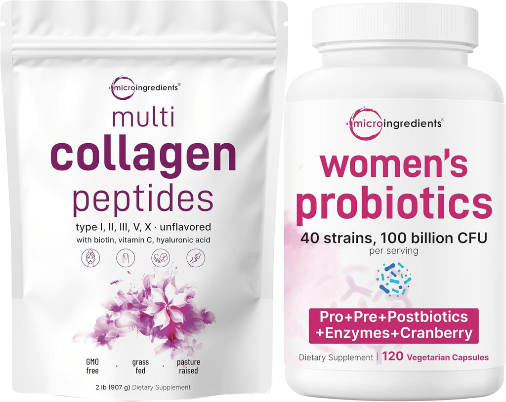 Micro Ingredients 8-in-1 Multi Collagen Powder & Women’s Probiotics 100 Billion CFU Veggie Capsules | 2 Pack | Hydrolyzed Peptides + Hyaluronic Acid & Vitamin C | 40 Strains + Cranberry & D-Mannose - PrimeBioHealth - canada supplements