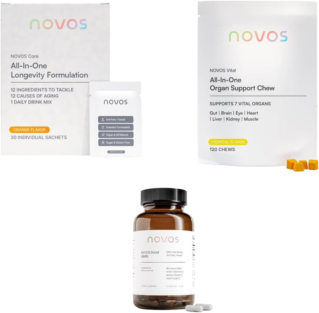 Novos Core Orange + Vital Chews + Boost NMN – Advanced Longevity System | Drink Mix, Chews & Capsules for Cellular Energy, Organ Health & DNA Support - PrimeBioHealth - canada supplements