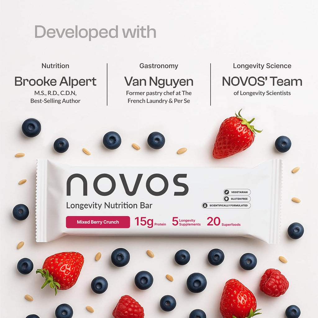 NOVOS Longevity Protein Bar Variety Pack (3 Flavors) – Peanut Butter, Mixed Berry Crunch & Salted Chocolate Crunch | 15g Protein, 20 Superfoods & Longevity Nutrients | Healthy Snack for Energy & Focus - PrimeBioHealth - canada supplements