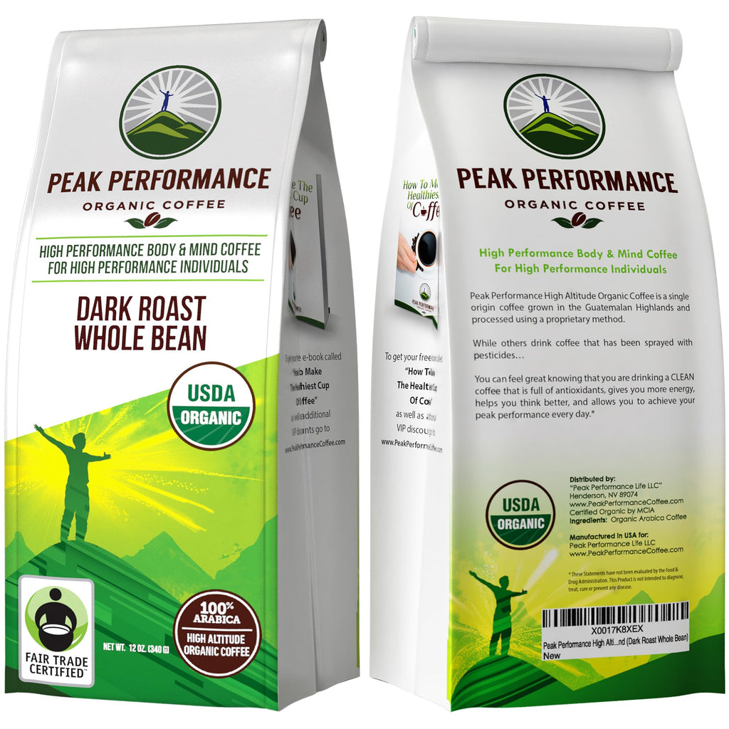 Peak Performance High Altitude Organic Coffee - Fair Trade, Low Acid, Non GMO, and Beans Full of Antioxidants - Medium Roast Smooth Tasting USDA Certified Organic Ground Coffee Bag 12 oz - PrimeBioHealth - canada supplements