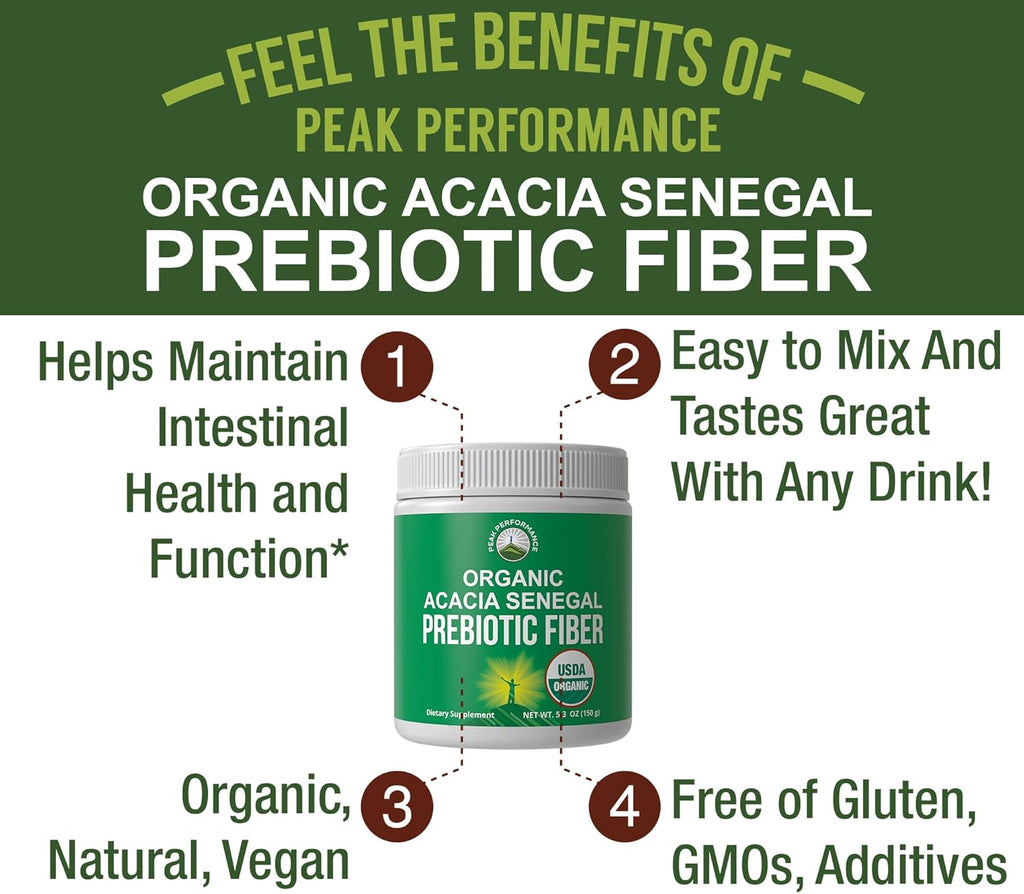 Peak Performance Organic Acacia Senegal Prebiotic Fiber Powder - Unflavored USDA Plant Based Soluble Vegan Prebiotics Gut Health Supplement with Digestive Enzymes 5 oz - PrimeBioHealth - canada supplements
