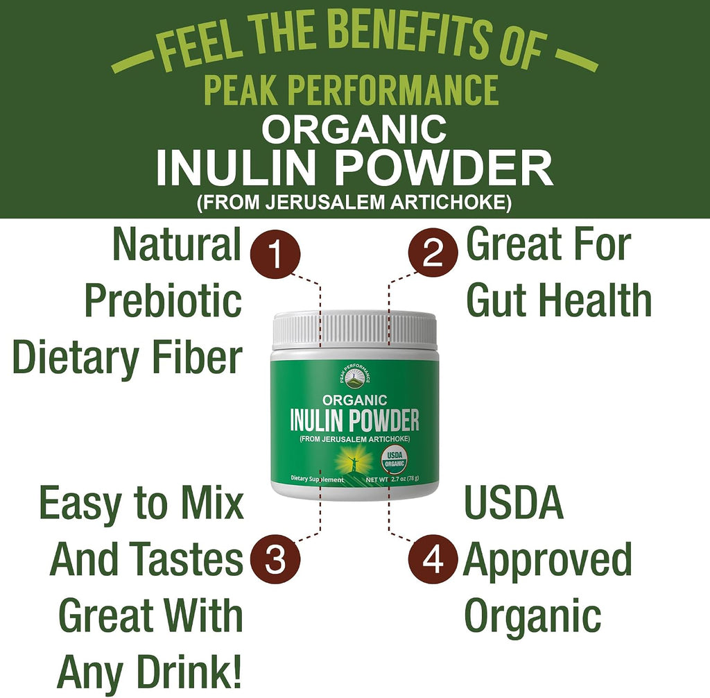 Peak Performance Organic Inulin Powder Natural Prebiotic Fiber for Gut Health. USDA Organic Raw Plant Based Vegan Prebiotics FOS Supplement from Jerusalem Artichoke - PrimeBioHealth - canada supplements