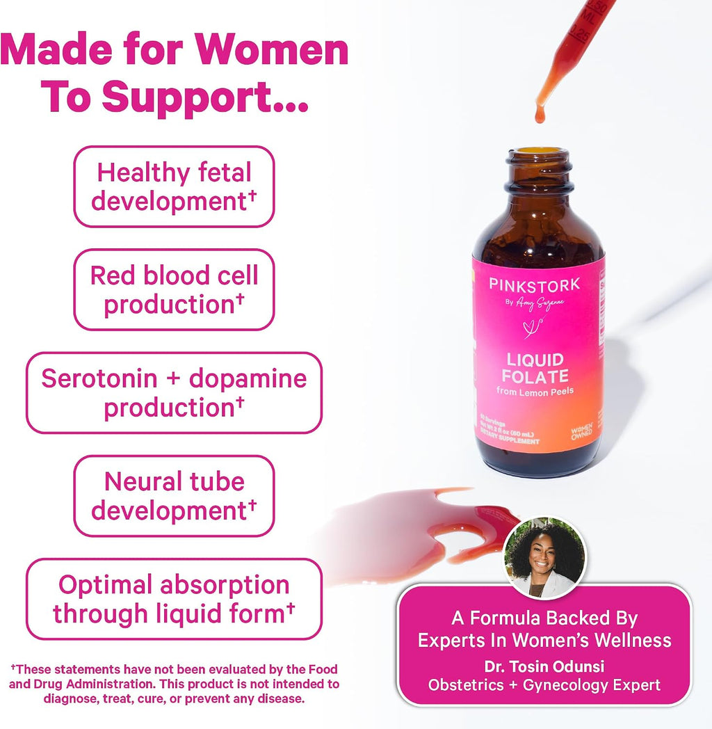 Pink Stork Liquid Folate Drops – 5-MTHF Methylfolate B9 Vitamin | Liquid Folic Acid Alternative for Women | Prenatal Folate, Non-GMO, Vegan, Sublingual Methylfolate Supplement | 2 fl oz - PrimeBioHealth - canada supplements