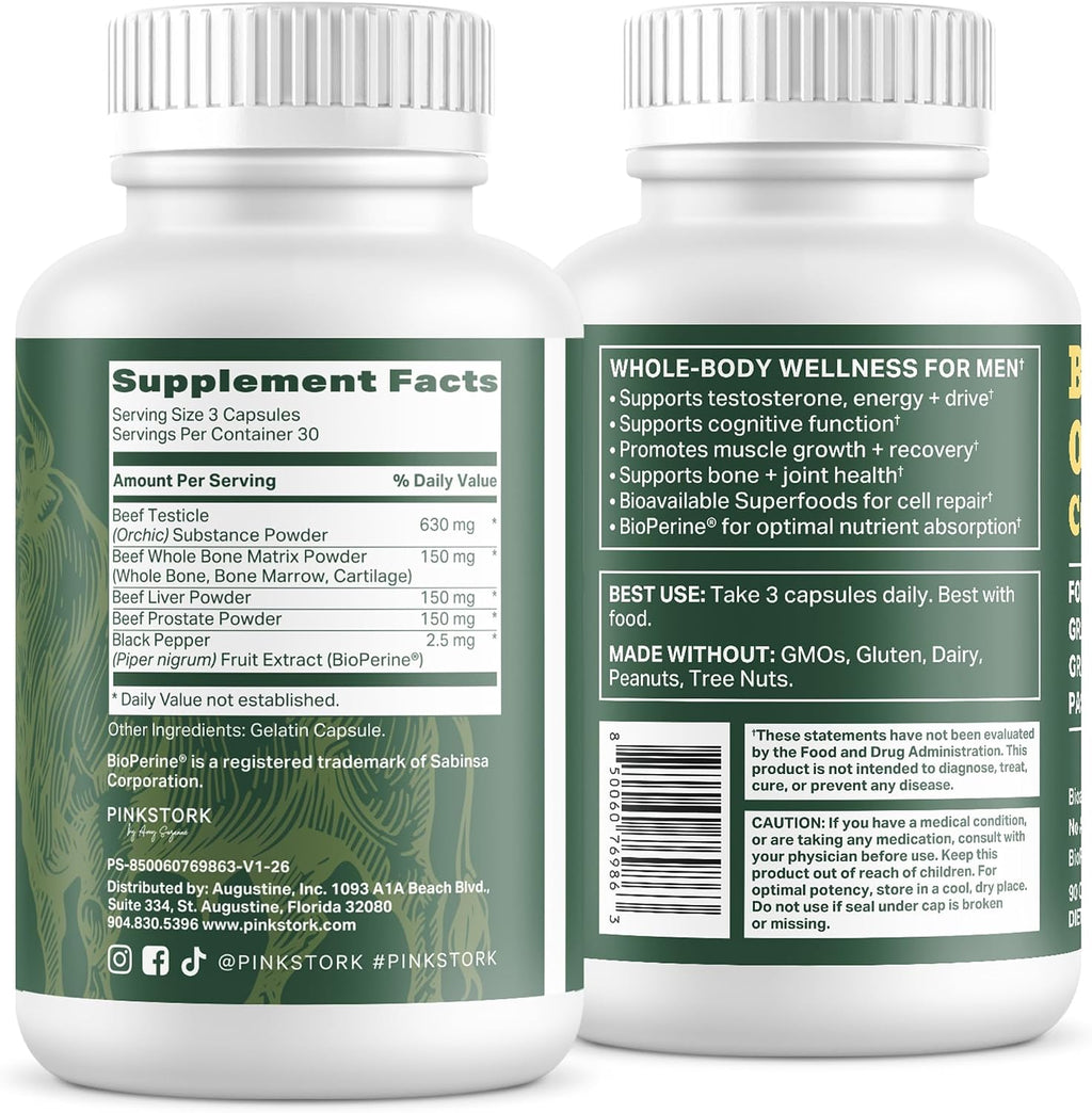 Pink Stork Men's Beef Organ Complex, Bioavailable Superfoods, 30 Servings | Grass-Fed, Grass-Finished Beef Liver, Testicle, Prostate + Bone Marrow | Supports Energy, Vitality + Men's Health - PrimeBioHealth - canada supplements