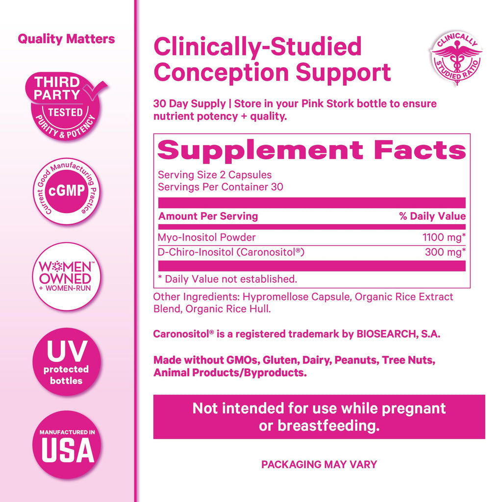Pink Stork Myo-Inositol & D-Chiro Inositol: 3.6:1 Blend to Support Fertility, Hormone Balance for Women - Ovarian Function, Ovulation, Conception, and Period Support Supplement - 60 Capsules - PrimeBioHealth - canada supplements