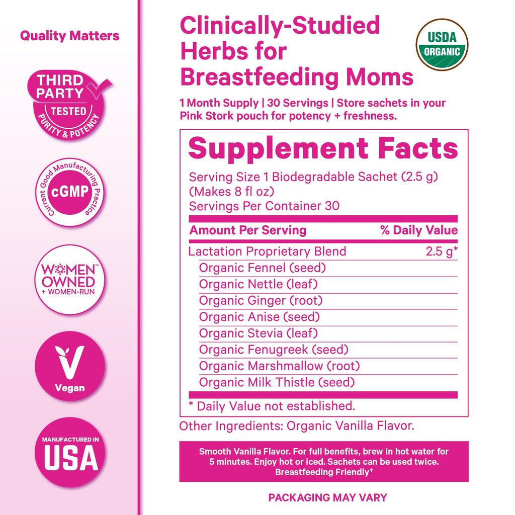 Pink Stork Organic Lactation Tea – Fenugreek, Fennel, Milk Thistle + More – Support for Breastfeeding, Pumping, Hydration, Milk Flow – Smooth Vanilla – 15 Sachets, Caffeine-Free - PrimeBioHealth - canada supplements