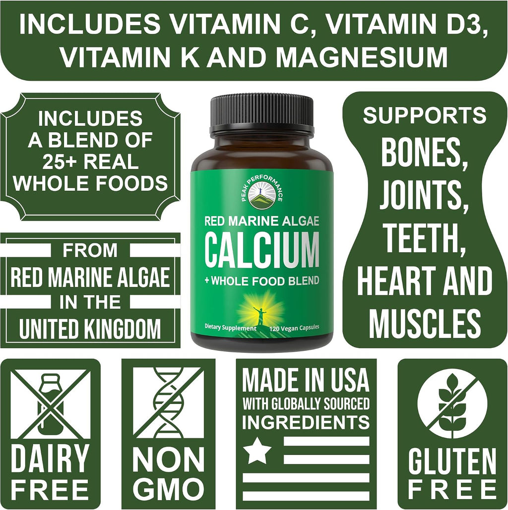 Plant Based Calcium - Red Marine Algae Calcium Supplement with Vitamin C, D3, K, Magnesium, and Whole Food Vegetable Blend. Vegan Capsules for Bones and Joints. 120 Pills, Tablets - PrimeBioHealth - canada supplements