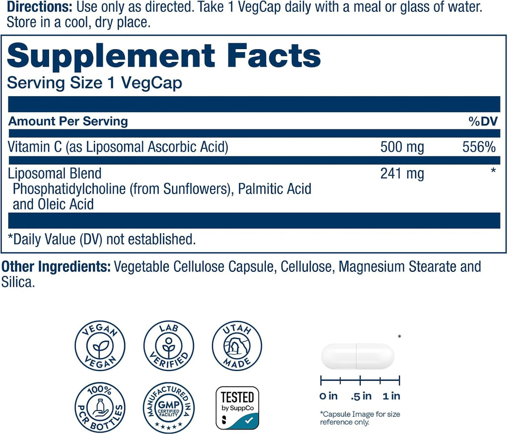 SOLARAY Liposomal Vitamin C 500mg - Enhanced Absorption Vitamin C Liposomal Blend with Fatty Acids - Antioxidant and Immune Support Supplement - Vegan, 60-Day Guarantee, 100 Servings, 100 VegCaps - PrimeBioHealth - canada supplements