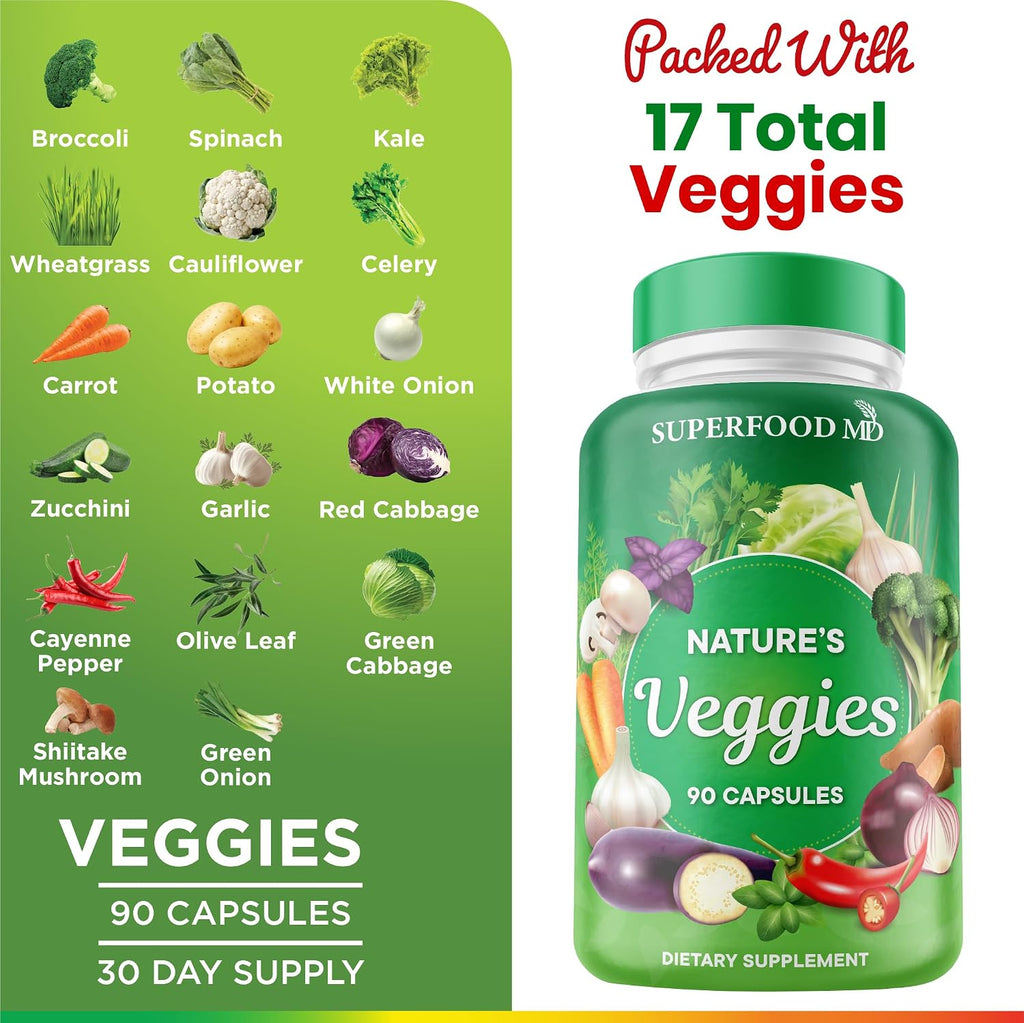 Superfood MD Veggies Supplement - 90 Veggie Capsules - Supports Energy Levels, Beta Carotene, Vitamins & Minerals - Soy Free - 90 Count - PrimeBioHealth - canada supplements