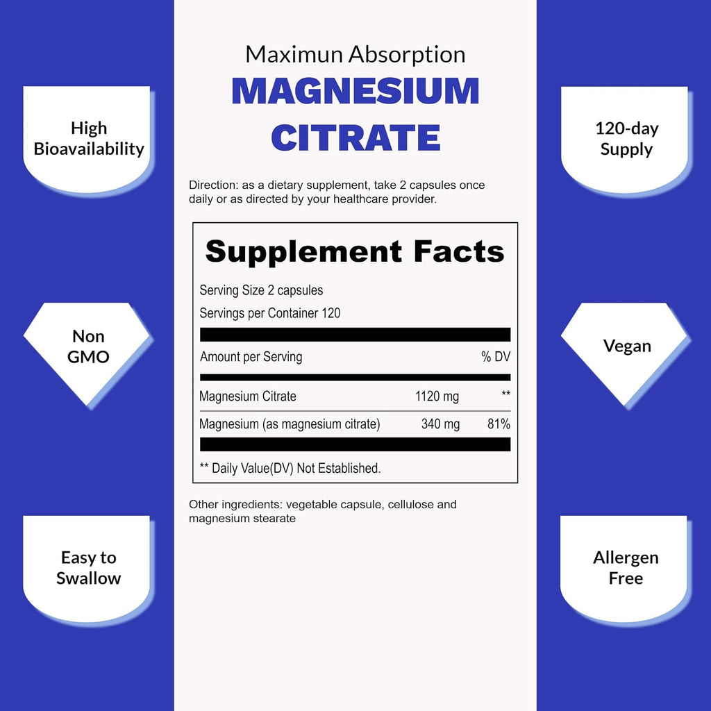 UpNourish Pure Magnesium Citrate (Citrato de Magnesio) 1120mg, 240 Capsules - High Absorption Magnesium Supplement for Women & Men - Natural Calm Magnesium for Constipation, Relax, Cramp Defense - PrimeBioHealth - canada supplements
