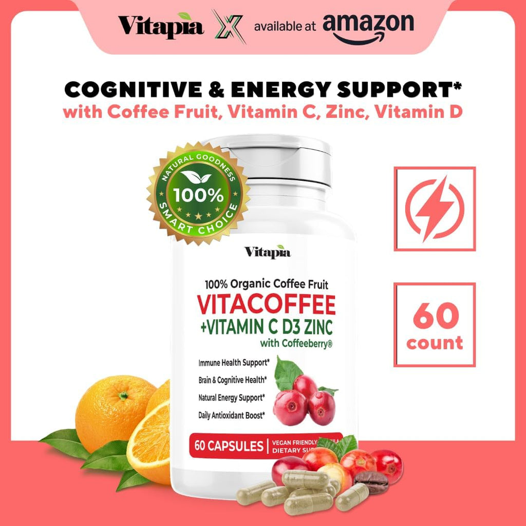 Vitacoffee Caffeine Pills - Coffee Fruit, Vitamin C, Vitamin D, Zinc Gluconate - Energy, Memory, Focus, Antioxidant, Skin Support - 60 Veggie Capsules - Non-GMO, Gluten-Free, Vegan Supplement - PrimeBioHealth - canada supplements